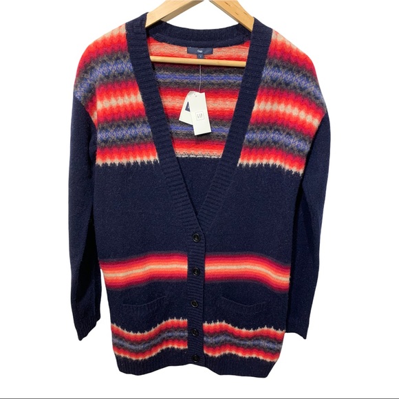 GAP DARK NAVY V-NECK AZTEC BOHO LAMBSWOOL BLEND LS CARDIGAN SWEATER - Picture 1 of 16